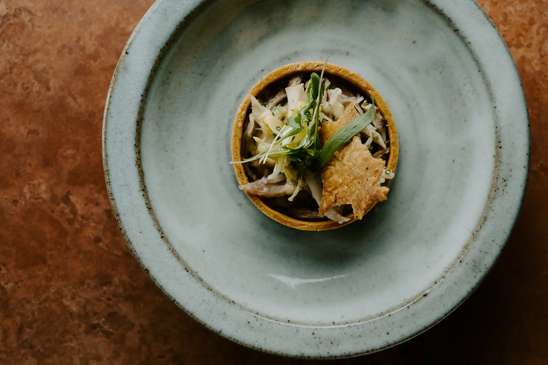 food & drink starters tartlet of confit chicken close spring