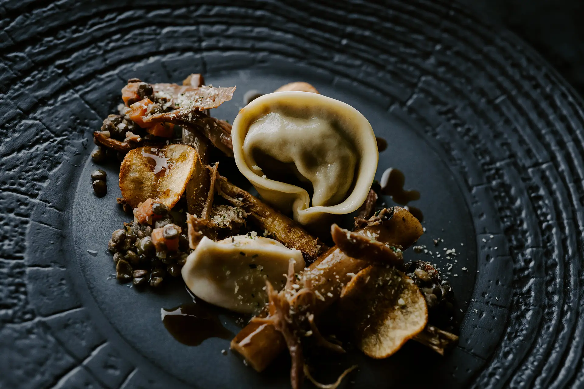 food & drink starters wild mushroom tortellini close winter